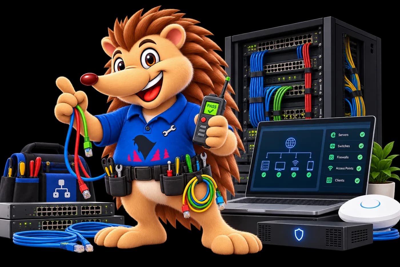 Beheerder controleert een serverrack met patchkabels, terwijl een laptop de monitoring toont van servers, switches, firewalls en access points