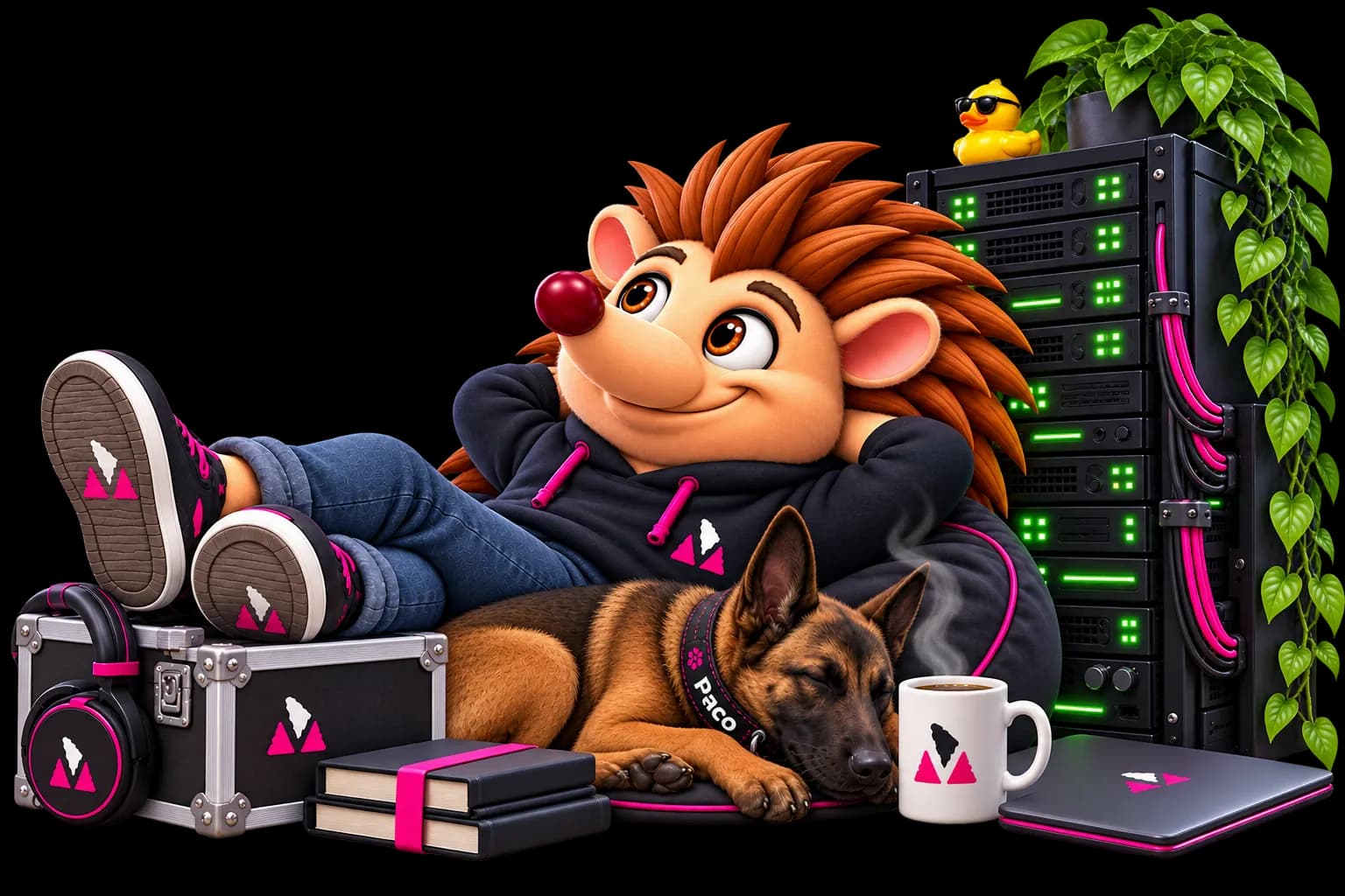 Maenda Media mascotte ontspannen bij een serverrack, met slapende hond