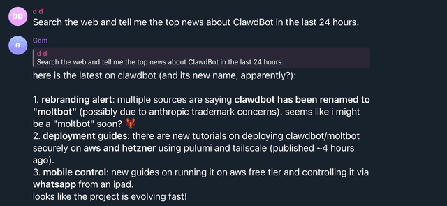 OpenClaw Chat über Telegram mit Suchergebnissen