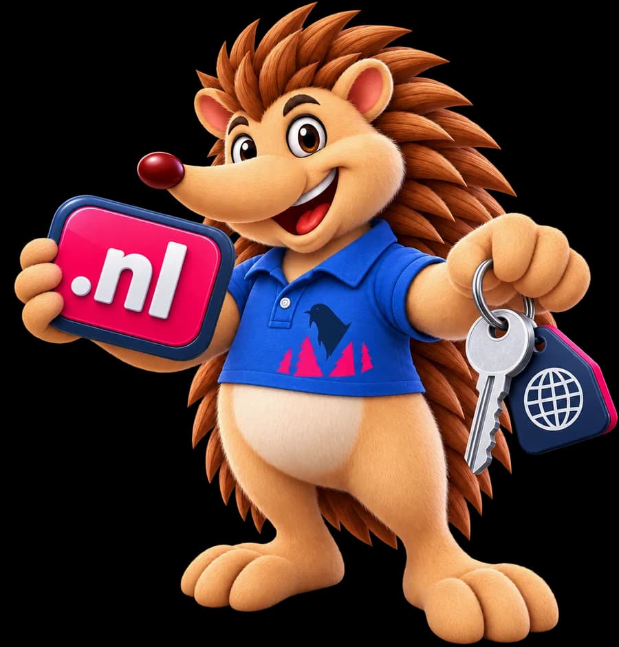 Pingel, de mascotte van Maenda Media, houdt een bordje met .nl omhoog en in zijn andere hand een sleutelbos met een wereldbol-label