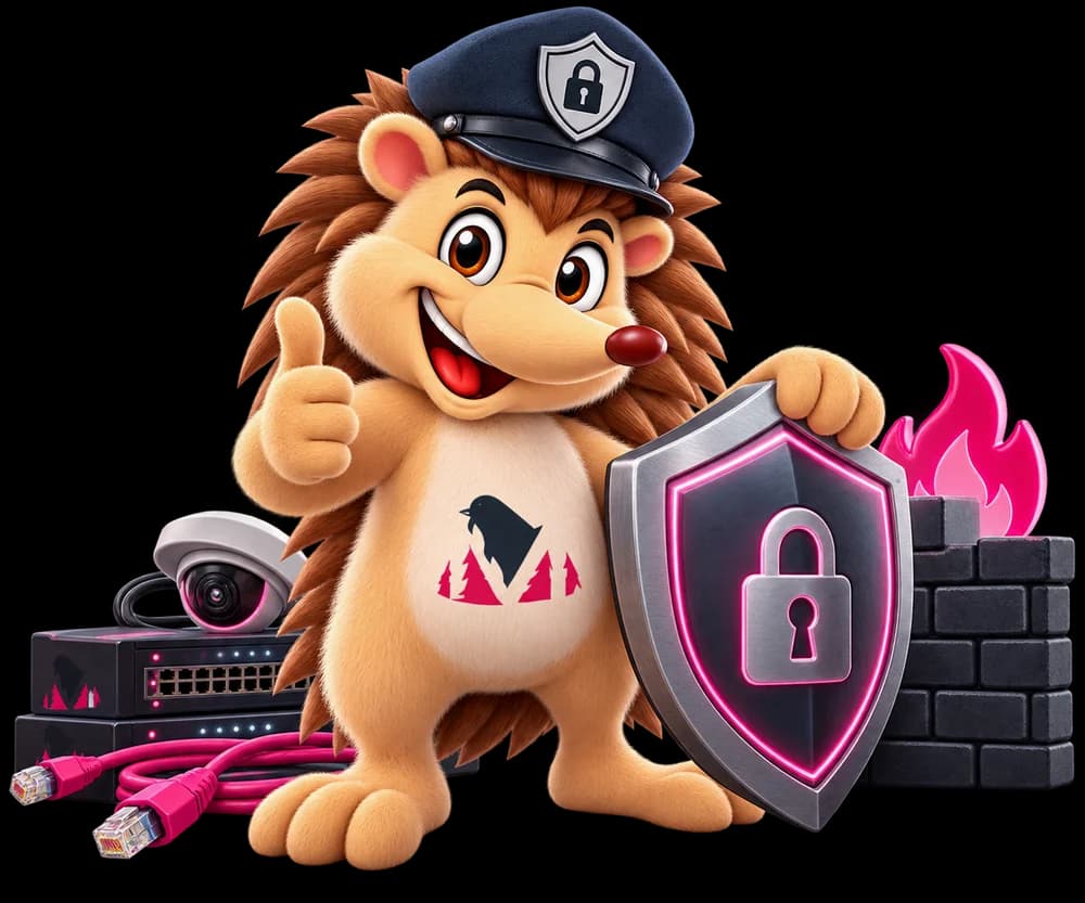 Onze mascotte houdt een schild met slot voor een firewall, naast een netwerkswitch en een beveiligingscamera