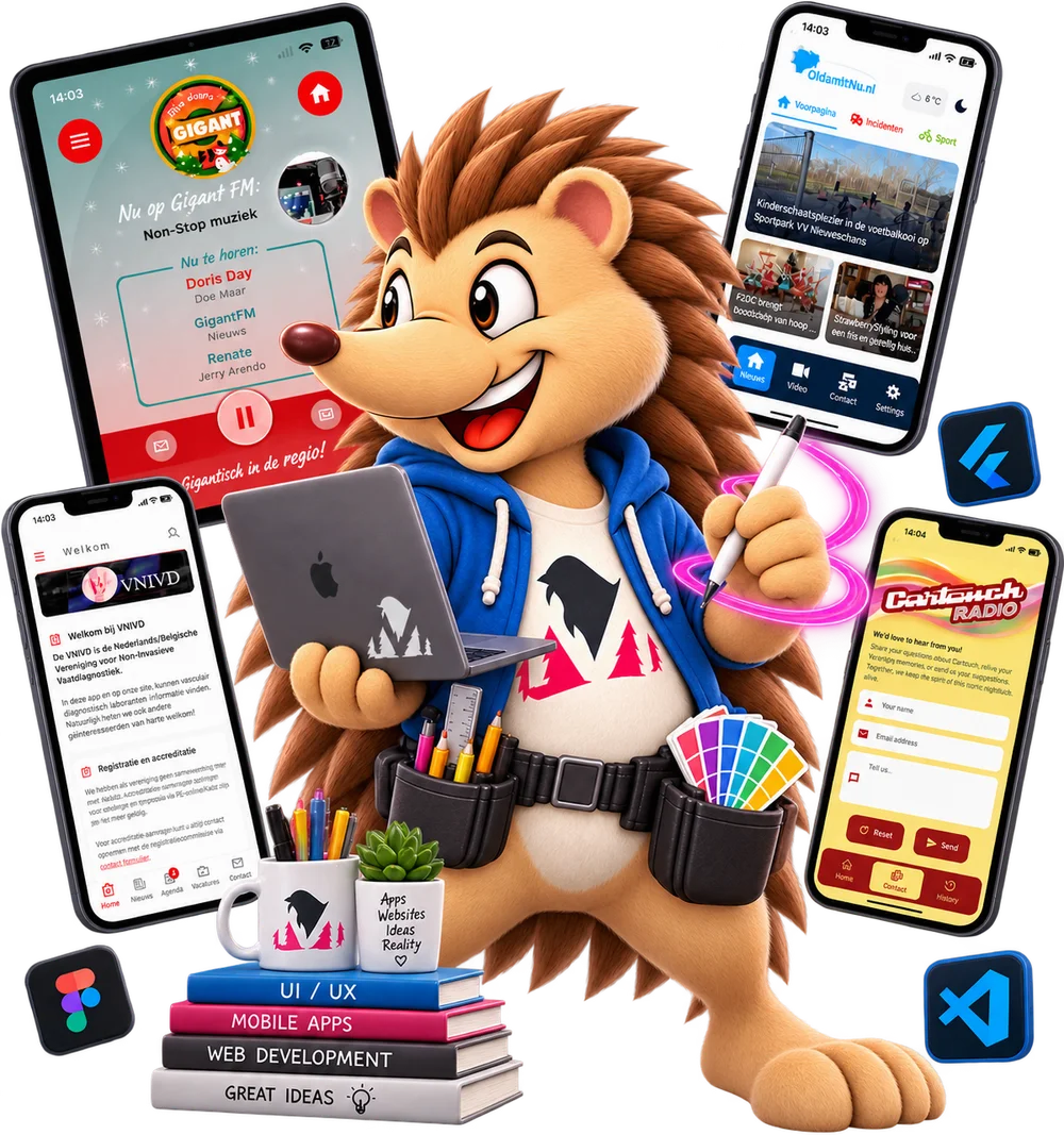 Maskottchen Pingel mit Laptop und Handy, für App- und Webentwicklung