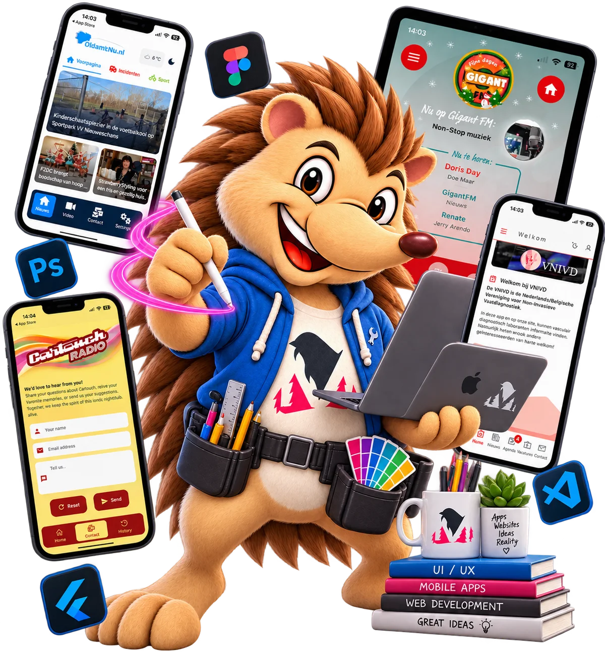 Maskottchen Pingel mit vier von uns gebauten Apps auf Telefonen und einem Tablet