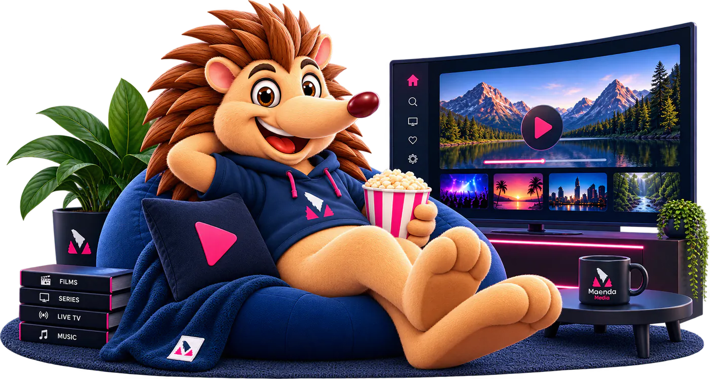 Pingel watches a live stream on a big screen from a beanbag, with films, series and live TV within reach