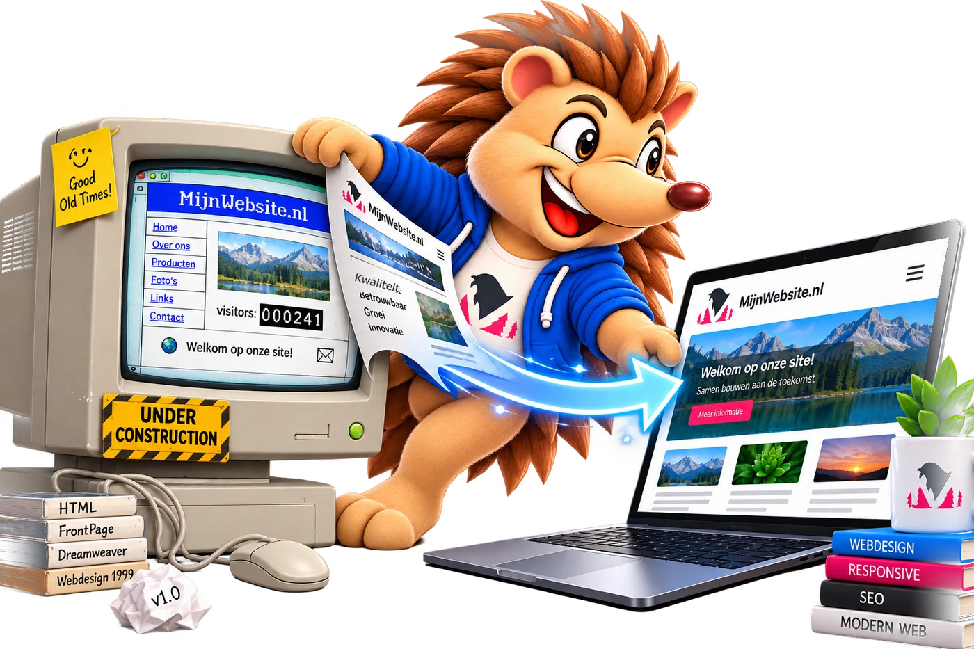 Pingel moves the content of an outdated website onto a modern site on a laptop